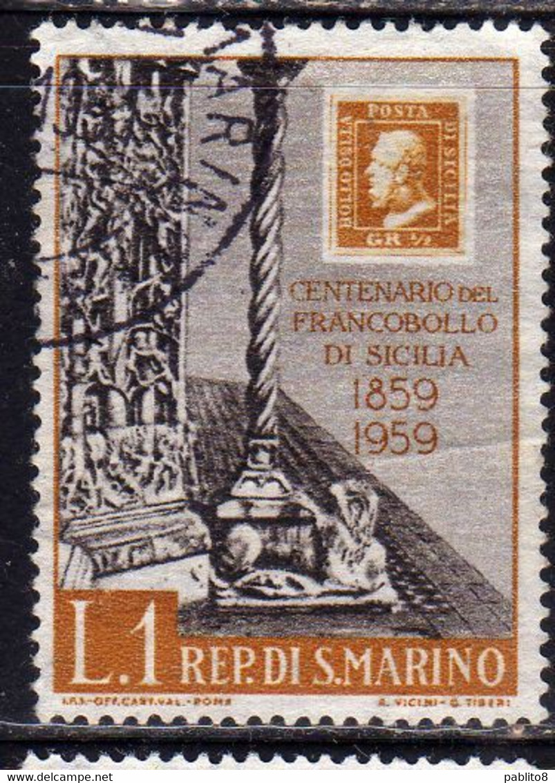 REPUBBLICA DI SAN MARINO 1959 CENTENARIO PRIMI FRANCOBOLLI SICILIA FIRST STAMPS SICILY LIRE 1 USATO USED OBLITERE' - Usati