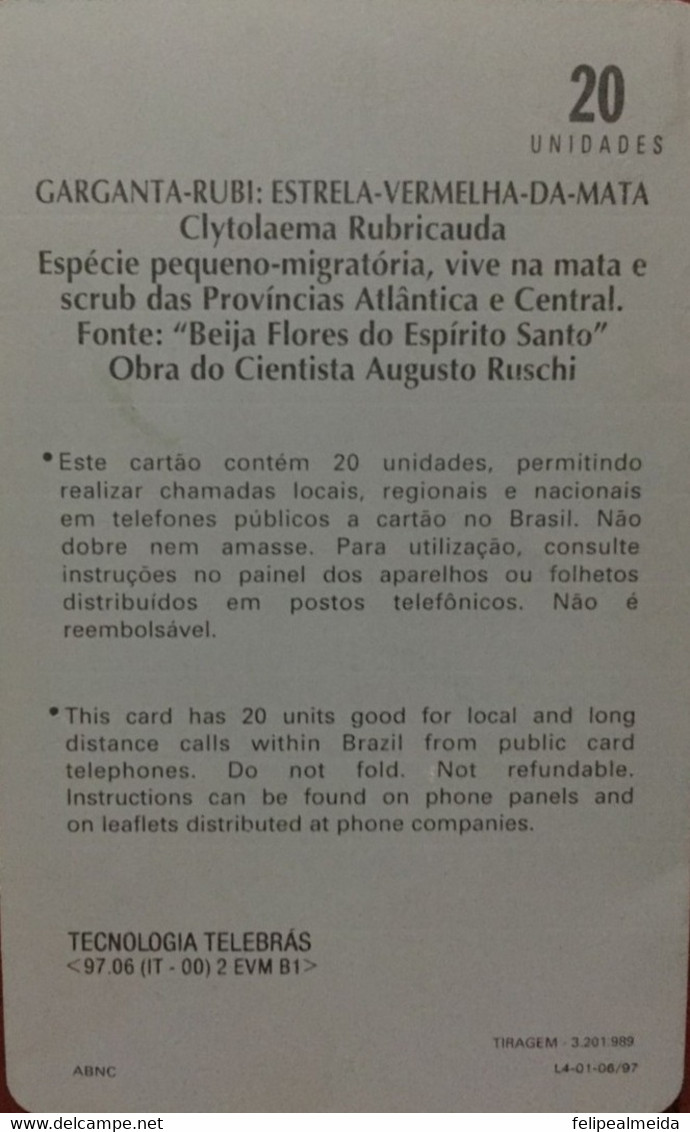 Phone Card Manufactured By Telebras In The Early 1990s - Series Beija-Flores - Águilas & Aves De Presa