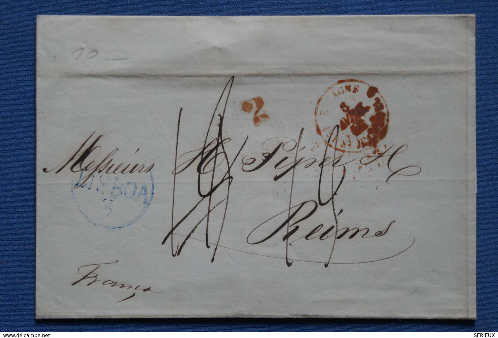 AR10 PORTUGAL    BELLE LETTRE  RARE 1848 LISBOA  POUR REIMS CHAMPAGNE FRANCE  + ++ AFFRANCH . INTERESSANT - Postmark Collection