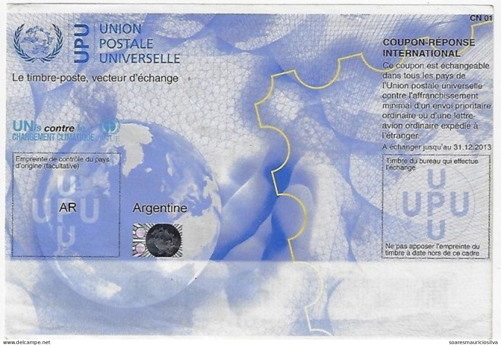 Argentina 2013 International Reply Coupon Reponse UPU United Nations Against Climate Change Terrestrial Globe Hand - Storia Postale