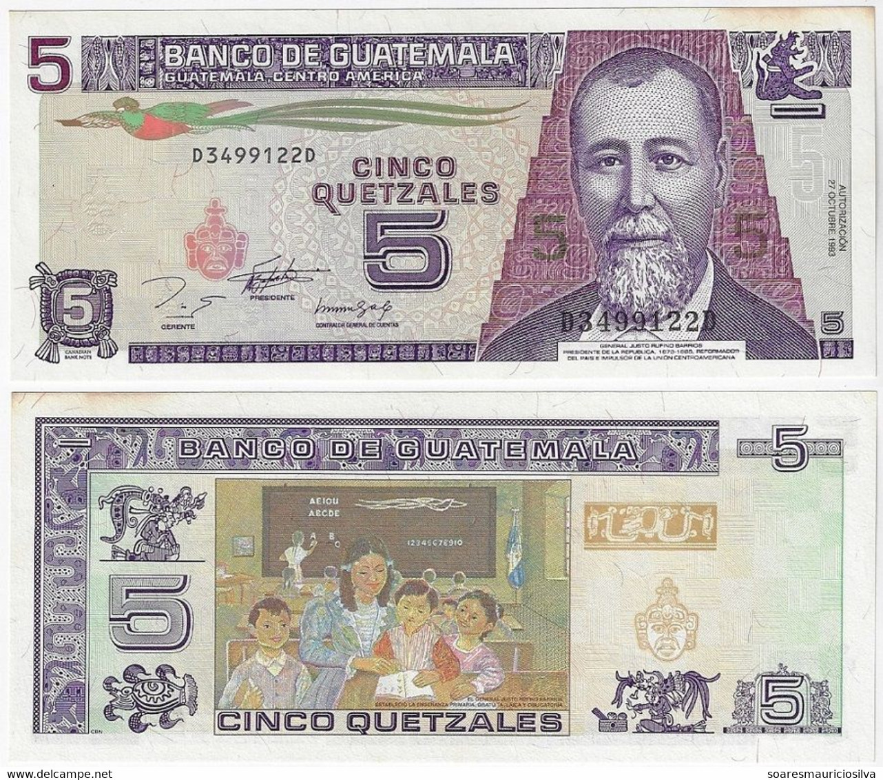 Banknote Guatemala 5 Quetzales 1993 Pick-88 Unc with Slight Yellowish Spots (US$7,5) - Guatemala