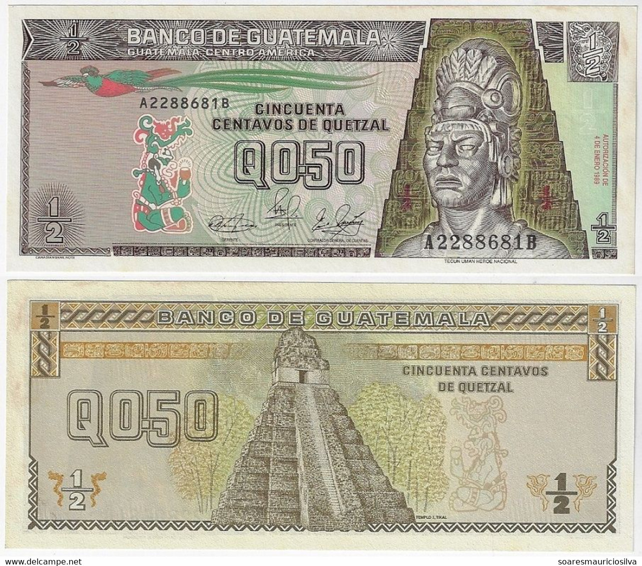 Banknote Guatemala ½ Quetzales 1989 Pick-72a UNC (US$6) - Guatemala