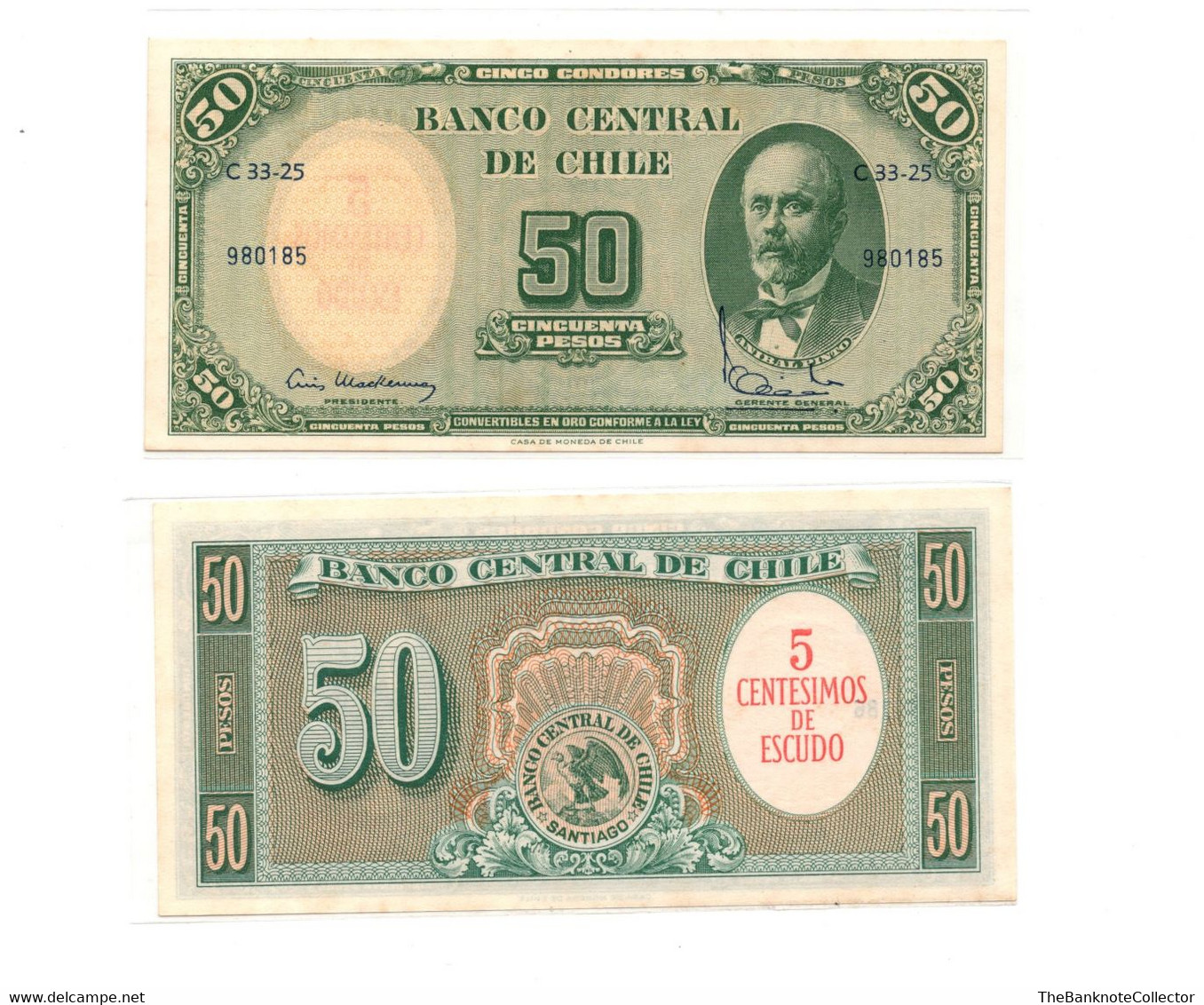 Chile 5 Centimos On 50 Escudos ND 1960 P-126 UNC Foxing - Chile