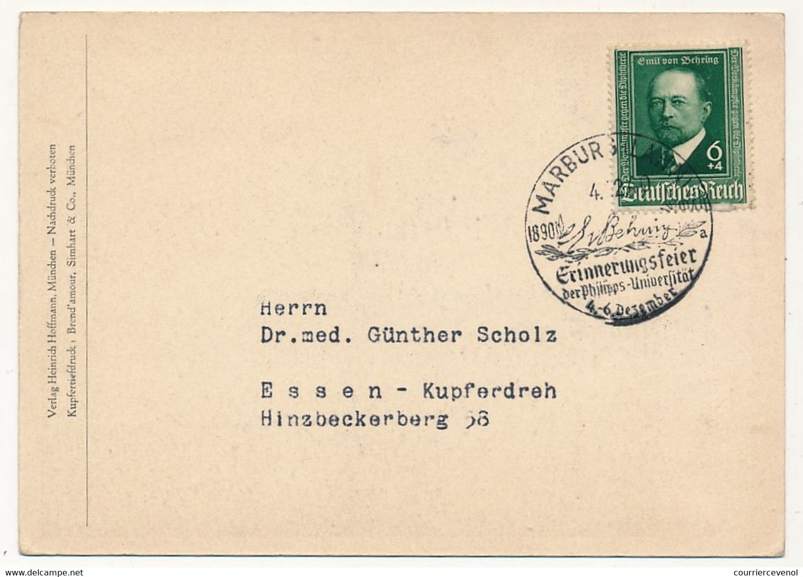 CPSM - ALLEMAGNE - Emil Von Behring, Bezwinger Des Diphtherie Und Des Tetanus - Timbre Et Obl Concordante Verso 1940 - Gesundheit