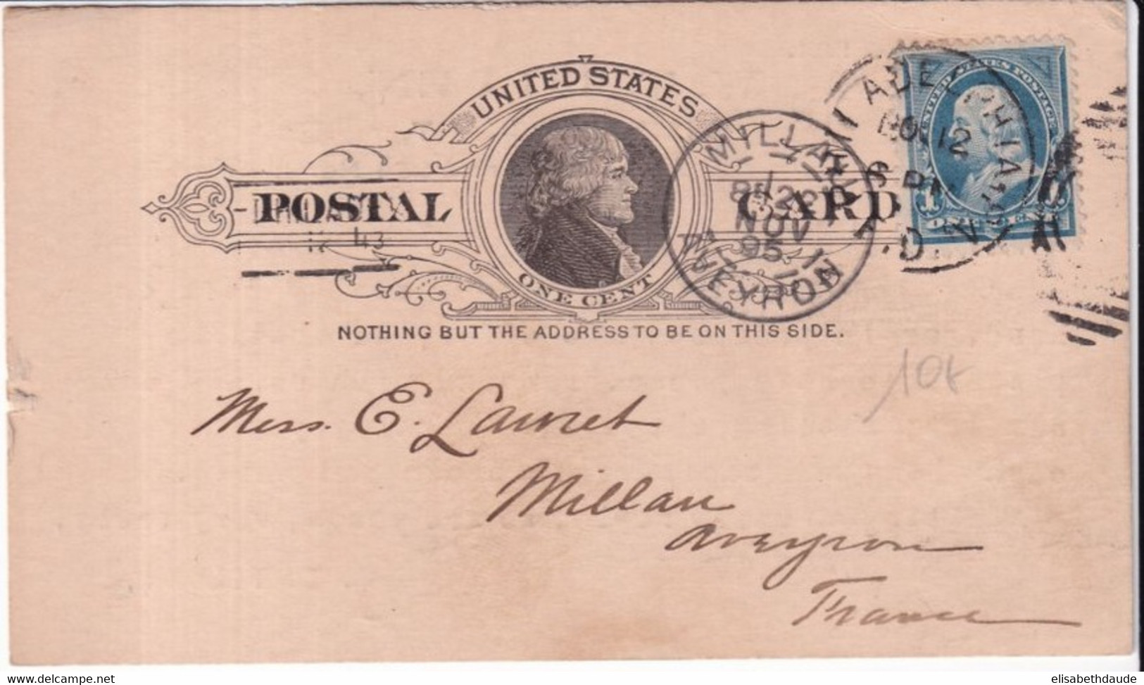1895 - USA - CARTE ENTIER REPIQUEE AU DOS "TILDEN HAIR MERCHANT" ! De PHILADELPHIA => MILLAU (AVEYRON) - ...-1900