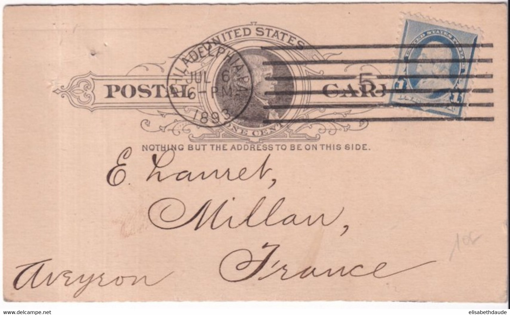 1893 - USA - CARTE ENTIER REPIQUEE AU DOS "TILDEN HAIR MERCHANT" ! De PHILADELPHIA => MILLAU (AVEYRON) - ...-1900