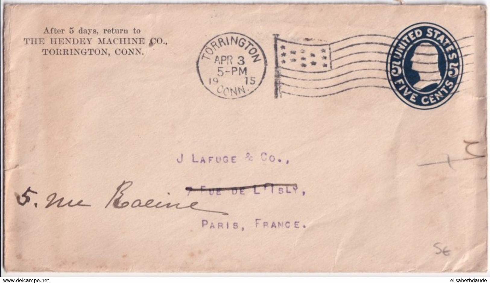 1915 - USA - OBLITERATION DRAPEAU / FLAG Sur ENVELOPPE ENTIER REPIQUEE De TORRINGTON => PARIS - 1901-20