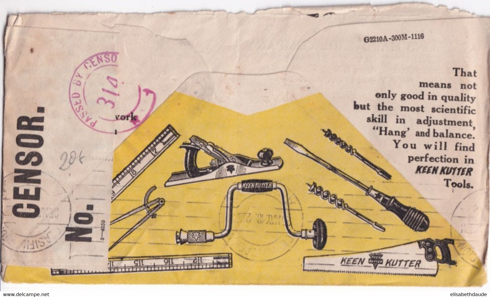 1918 - USA - ENVELOPPE PUB ILLUSTREE (VOIR OUTILS AU DOS !) Avec CENSURE De NEW YORK => ASUNCION (PARAGUAY) ! - Storia Postale