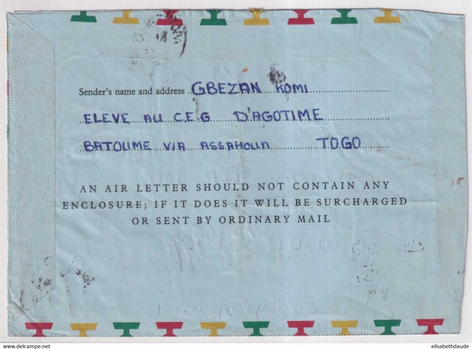 GHANA - 1978 - ENVELOPPE ENTIER AEROGRAMME De AGOTIME => PARIS - Ghana (1957-...)