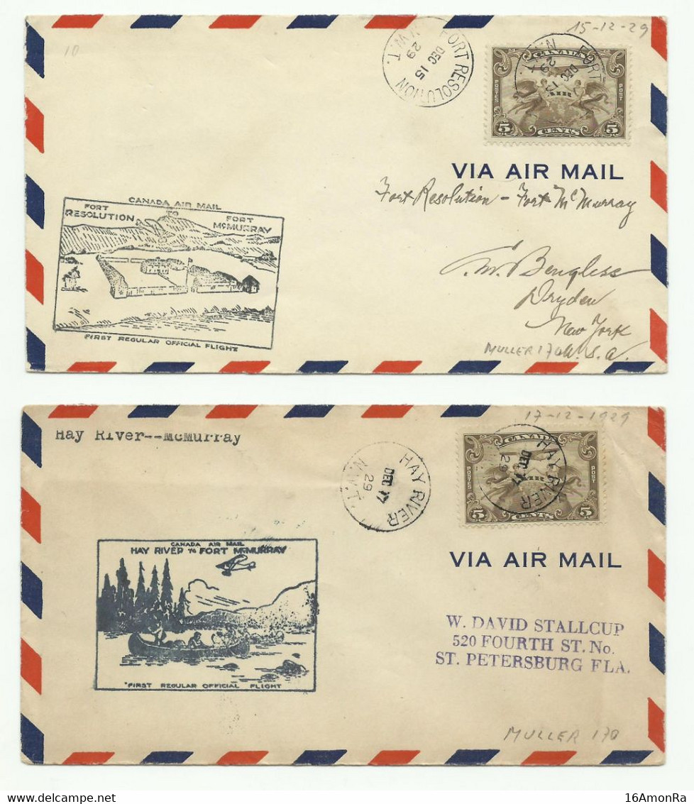 Muller 170 - 2 Covers Fr 5c. Canc. FORT RESOLUTION 15 Dec. 1929 And BAY RIVER 17 Dec. 1929USA + 3 Differents Hs First Re - Luchtpost
