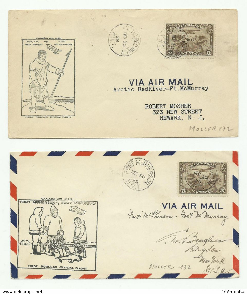 Muller 172 - 2 Covers Fr 5c. Canc. FORT McPHERSON 30 Dec. 1929 And ARTIC RED RIVER 30 Dec. 1929 + 2 Differents Hs First - Luftpost