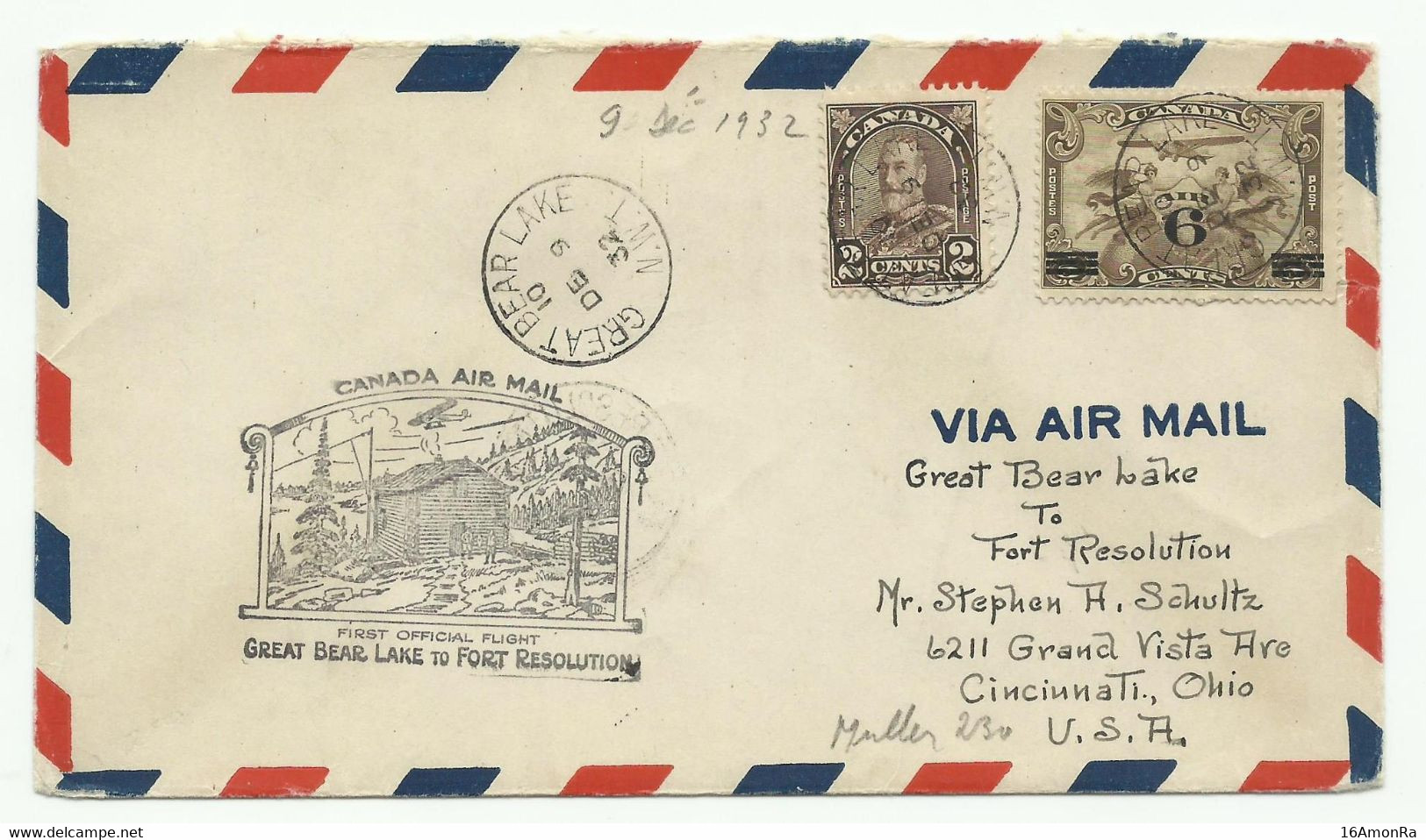 Muller 230 - Cover Fr 2c. + 6/5c. Canc. GREAT BEAR LAKE 9 Dec. 1932 + Hs First Official Flight  Great Bear Lake To Fort - Poste Aérienne