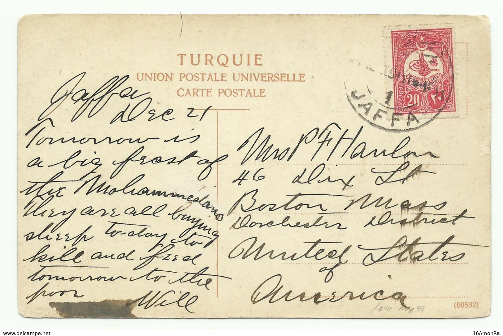 20 Para Obl.  JAFFA PALESTINE Sur Carte Du 2 Déc. 1921 vers Les USA. - W1825 - Briefe U. Dokumente