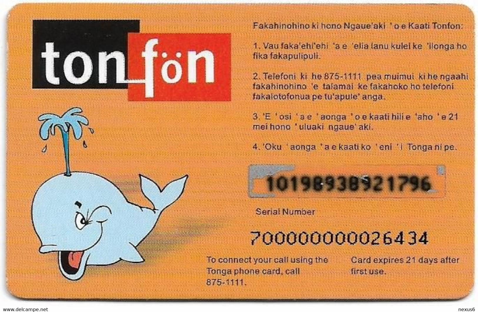 Tonga - TonFon - Whale Orange, Remote Mem. 10T$, Used - Tonga