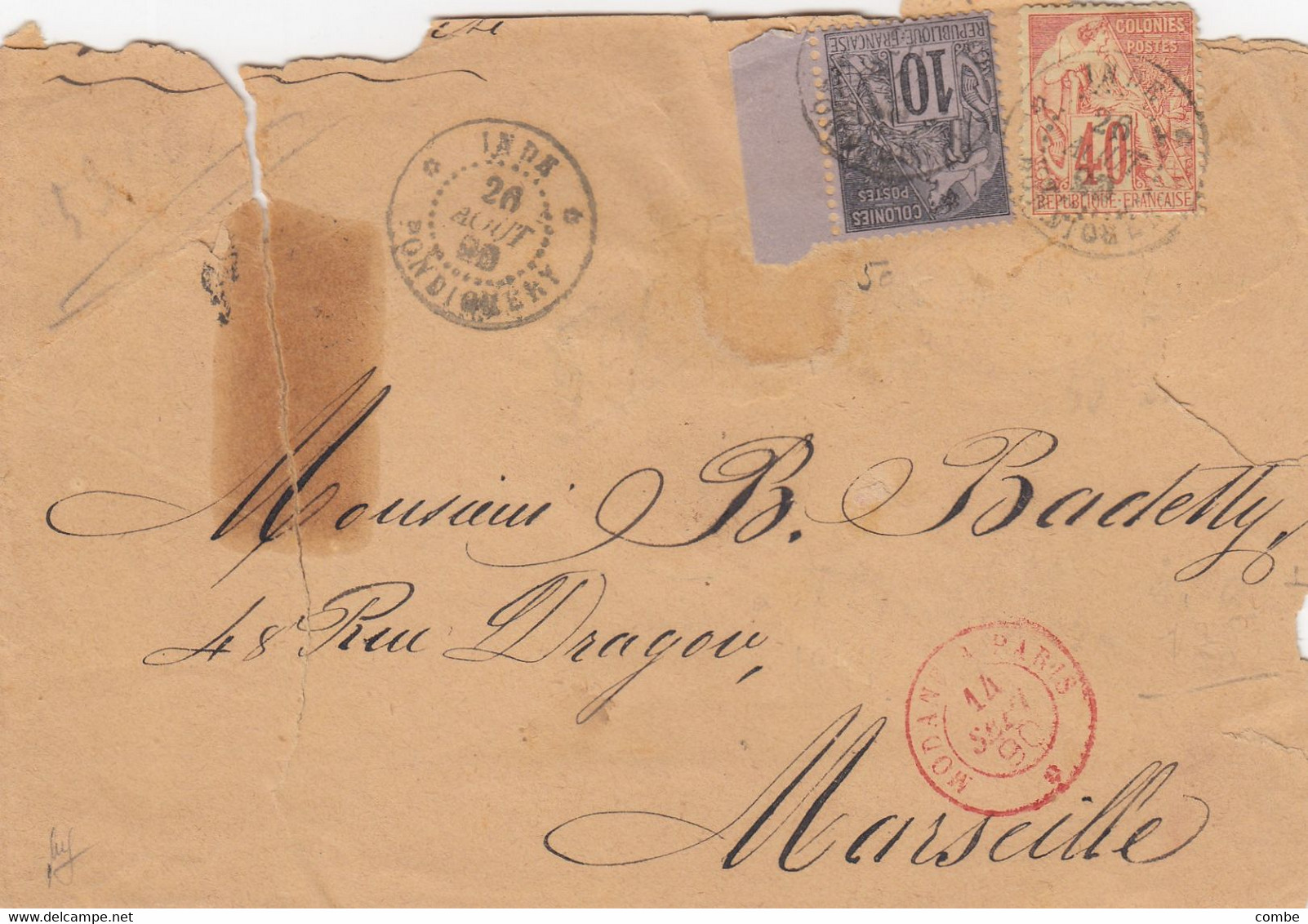 LETTRE.  INDE. 26 AOUT 1890.PONDICHERY POUR MARSEILLE. MODANE A PARIS. ALPHEE DUBOIS 10c + 40c ETAT.    /   2 - Brieven En Documenten