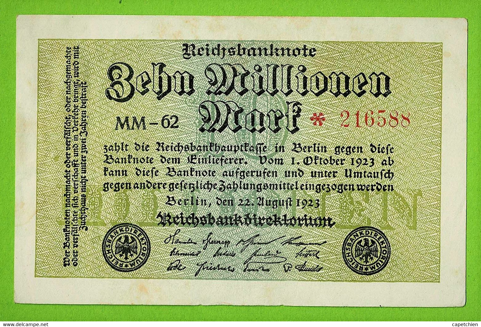 ALLEMAGNE / 10 MILLIONEN MARK / REICHSBANKNOTE / 22 - 08 - 1923 :/ MM662 /.* 216588 /  Ros.105 - 10 Millionen Mark