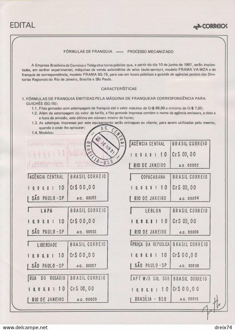 BRESIL - Document Notice Philatélique 1981 - Vignette D'affranchissement N°11 - Lettres & Documents