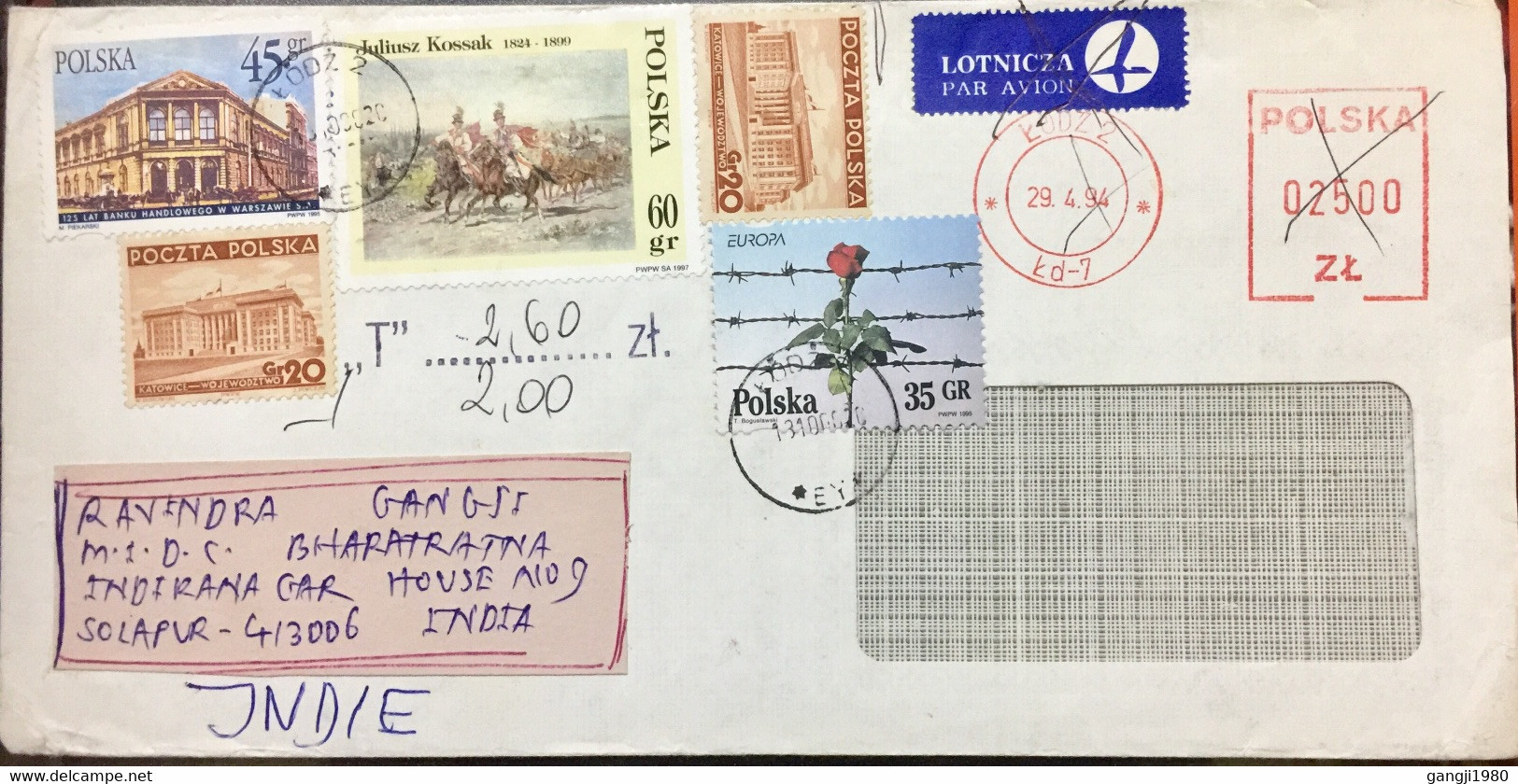 POLAND 2000 ,AIRMAIL METER FRANKED 1994, REUSED COVER EARLY STAMP REJECTED SU DUE “T” 260 ZT, BUILDING,HORSE,FLOWER,PLAN - Storia Postale