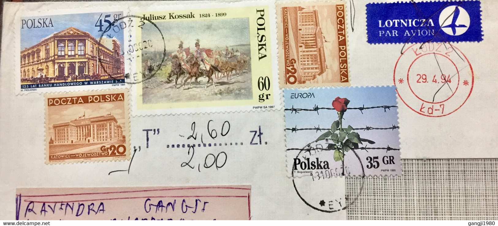 POLAND 2000 ,AIRMAIL METER FRANKED 1994, REUSED COVER EARLY STAMP REJECTED SU DUE “T” 260 ZT, BUILDING,HORSE,FLOWER,PLAN - Briefe U. Dokumente