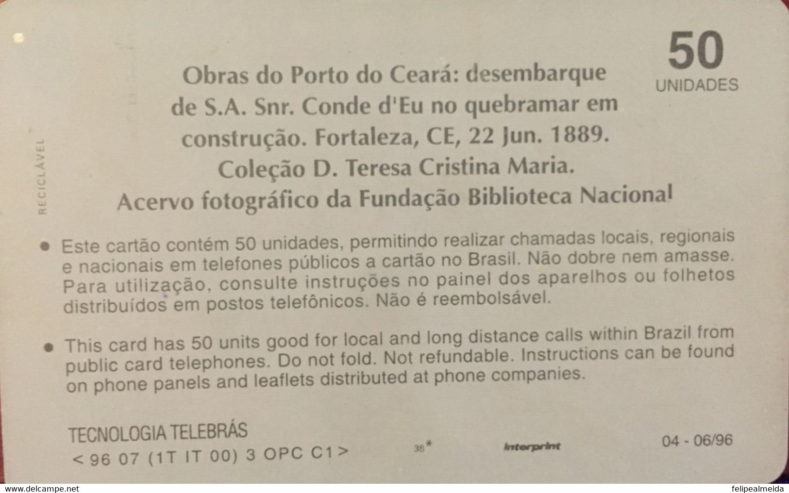 Phone Card Manufactured By Telebras In 1996 - 14th Century Brazilian Photography Series - Works In The Port Of Ceará - Cultura