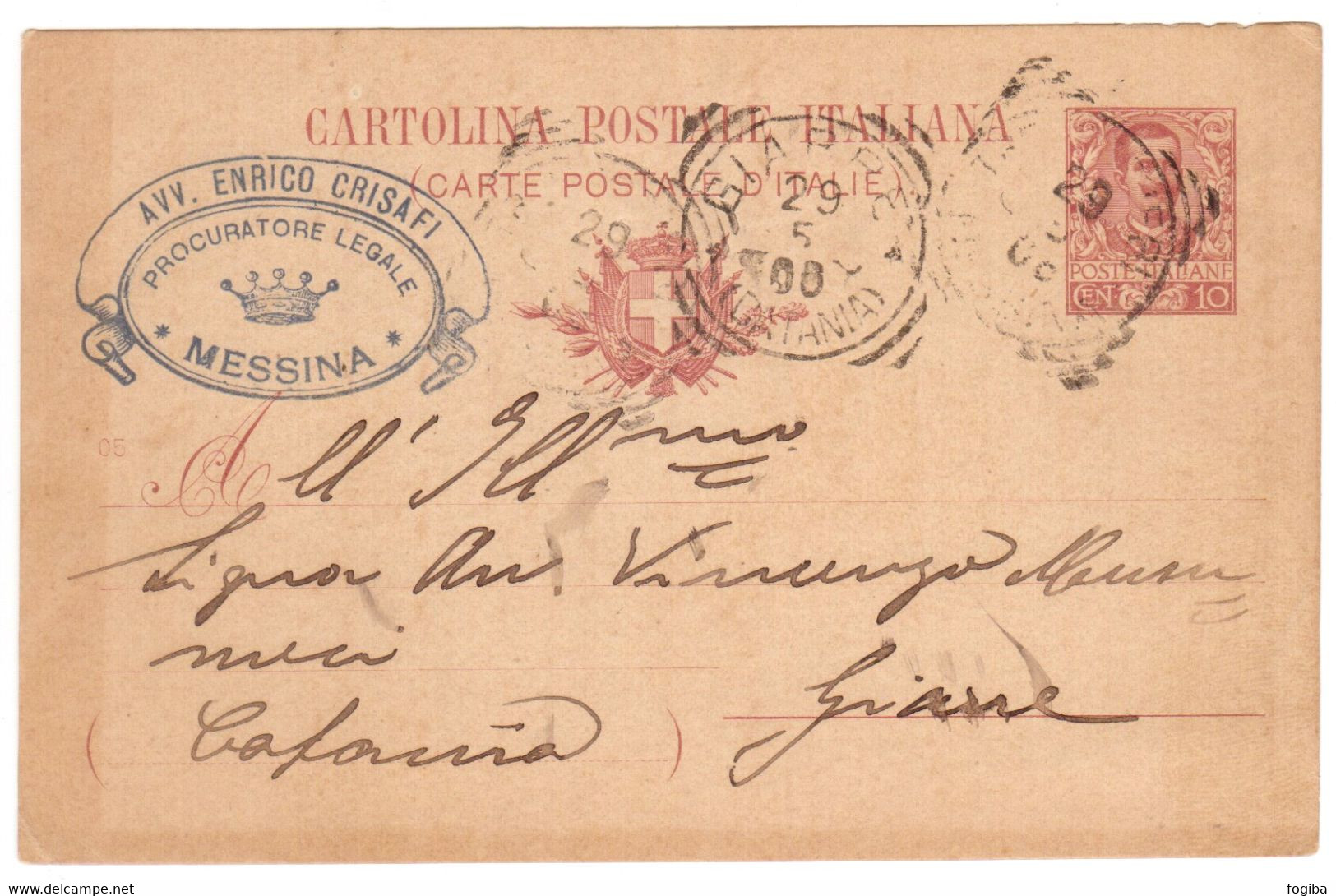 WQ689  Regno 1908 Messina Intero Postale 10c.  Avv. Enrico Crisafi  Vg. Per Giarre - Ganzsachen