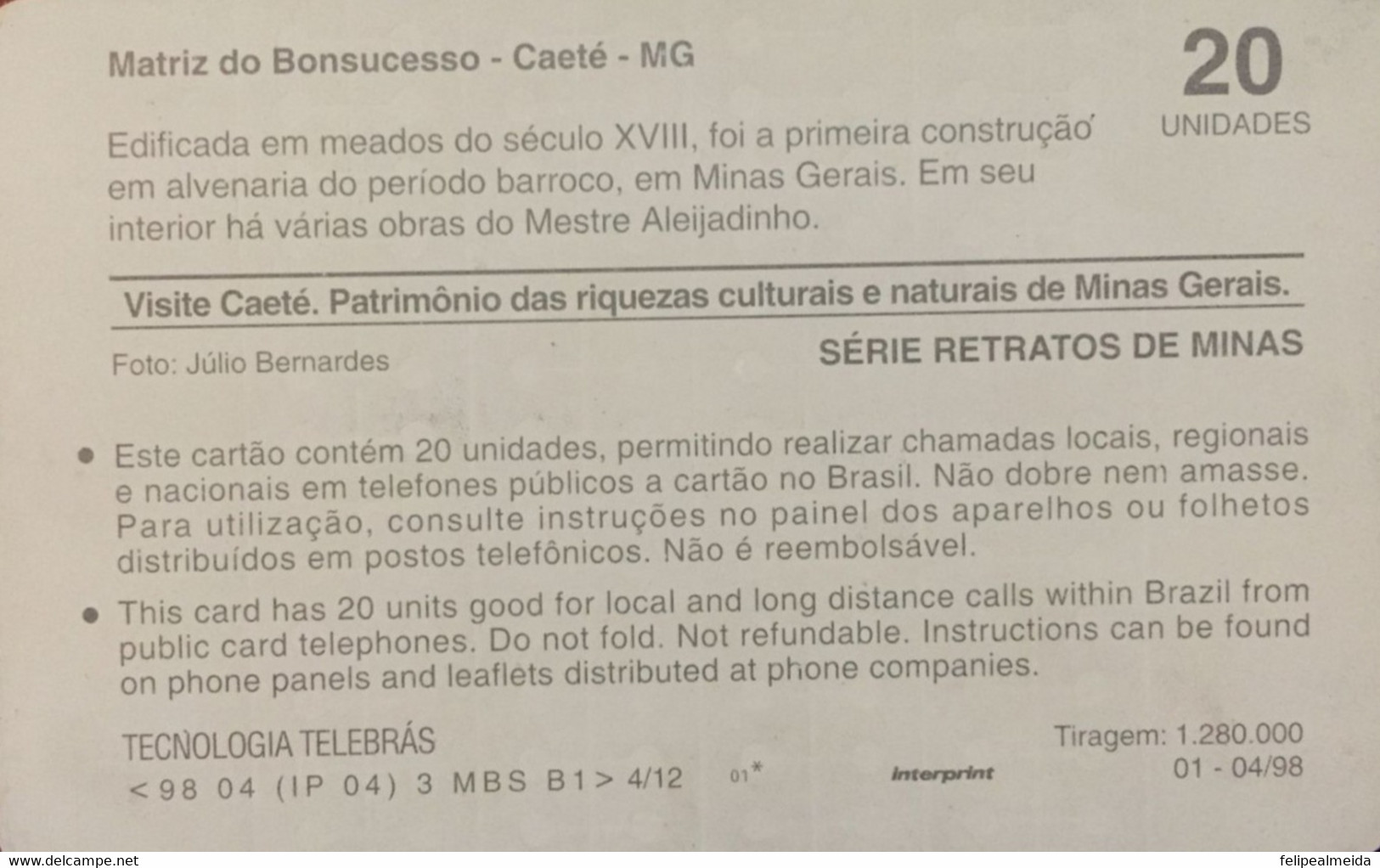 Phone Card Manufactured By Telebras In 1998 - Series Portraits Of Minas - Matriz Do Bom Sucesso - Caeté - Minas Gera - Landschappen