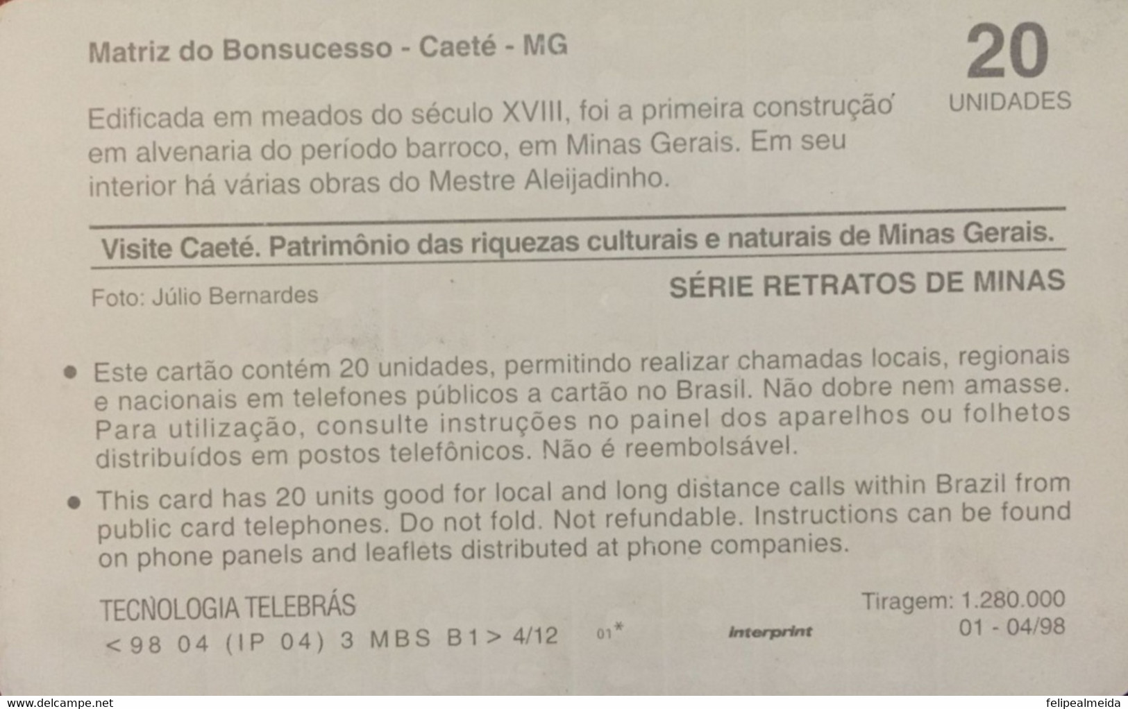 Phone Card Manufactured By Telebras In 1998 - Series Portraits Of Minas - Matriz Do Bom Sucesso - Caeté - Minas Gera - Paysages
