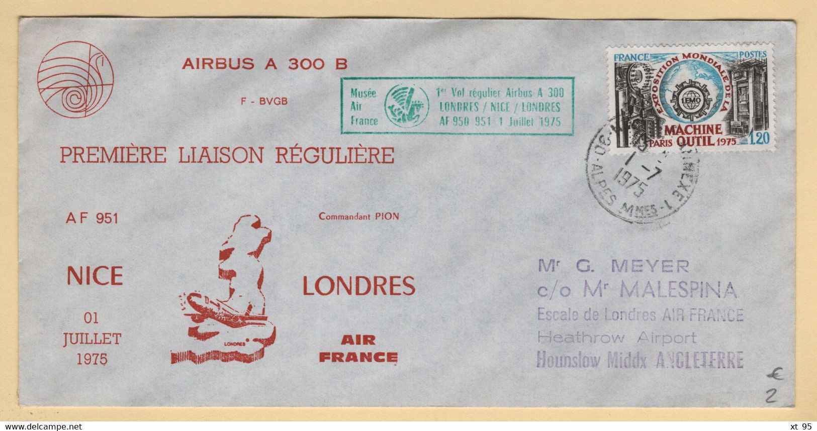 1er Vol - Nice Londres - 1975 - France Angleterre - 1960-.... Lettres & Documents