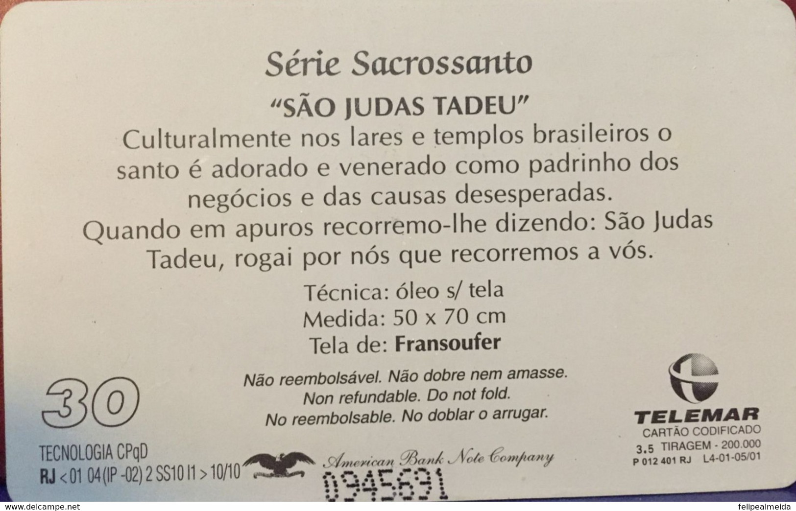 Phone Card Manufactured By Telemar In 2001 - Series Sacrossando - São Judas Tadeu - Peinture