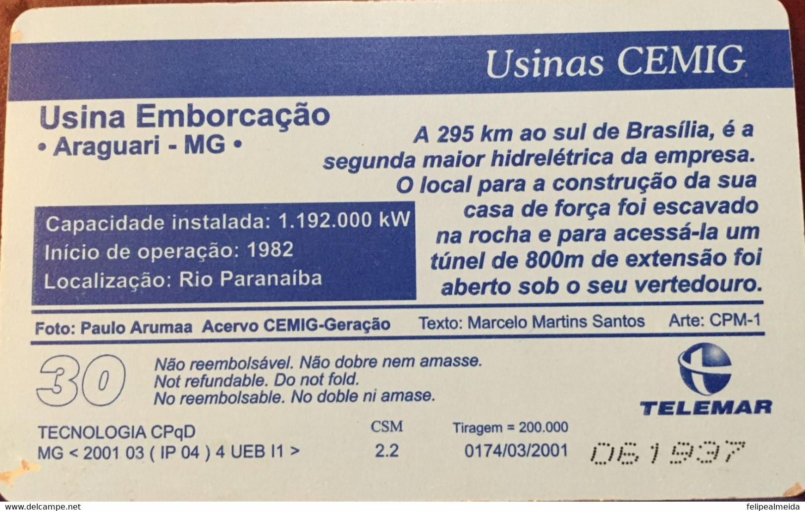 Phone Card Manufactured By Telemar In 2001 - Usinas Cemig Series Emborcação Hydroelectric Plant - Araguari - Minas G - Montañas