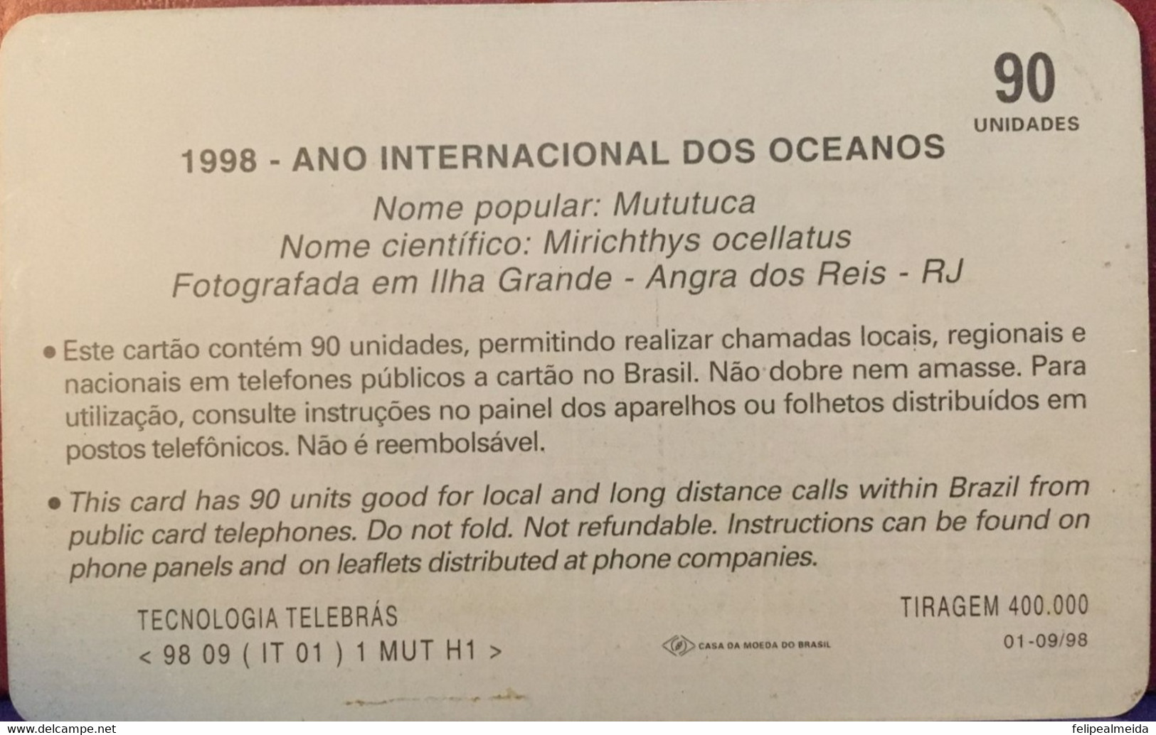 Phone Card Manufactured By Telesp In 1998 - 1998 - International Year Of The Oceans - Peces