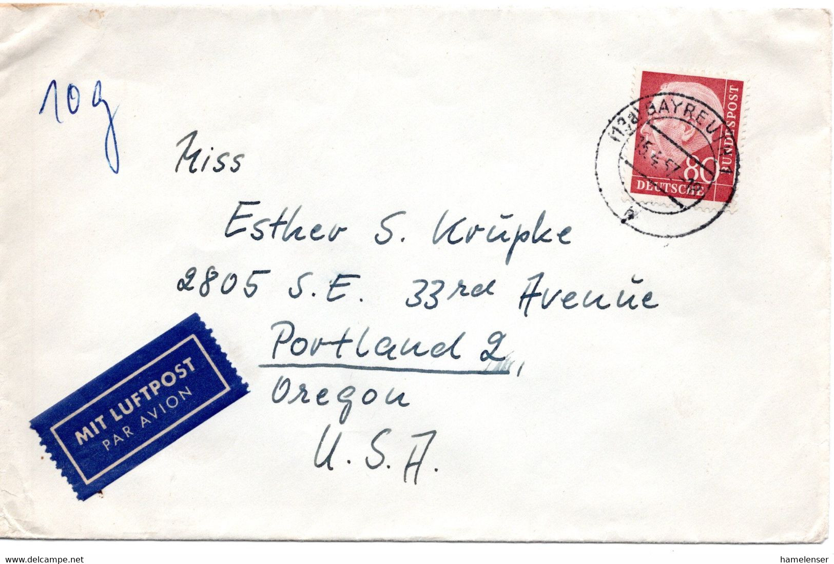 56792 - Bund - 1957 - 80Pfg. Heuss I EF A. LpBf BAYREUTH -> Portland, OR (USA) - Lettres & Documents