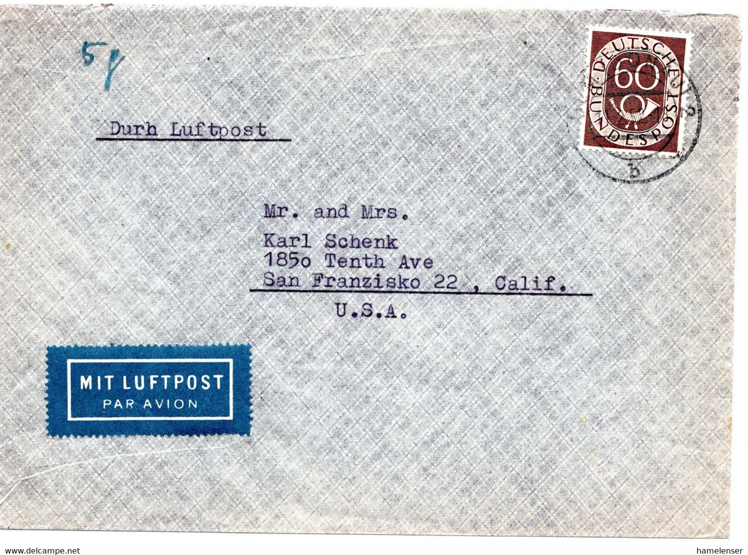 56793 - Bund - 1952 - 60Pfg. Posthorn EF A. LpBf ULM -> San Francisco, CA (USA) - Lettres & Documents