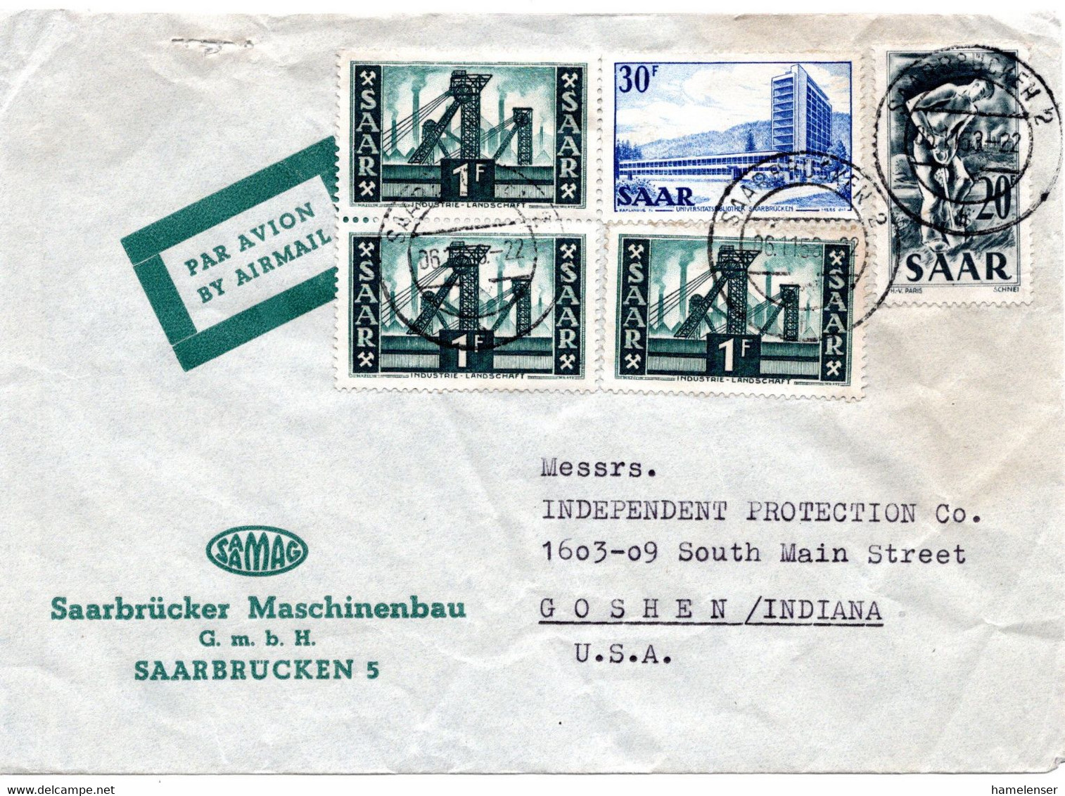 56801 - Bund / Saarland - 1958 - 30F Bibliothek MiF A LpBf SAARBRUECKEN -> Goshen, IN (USA) - Cartas & Documentos