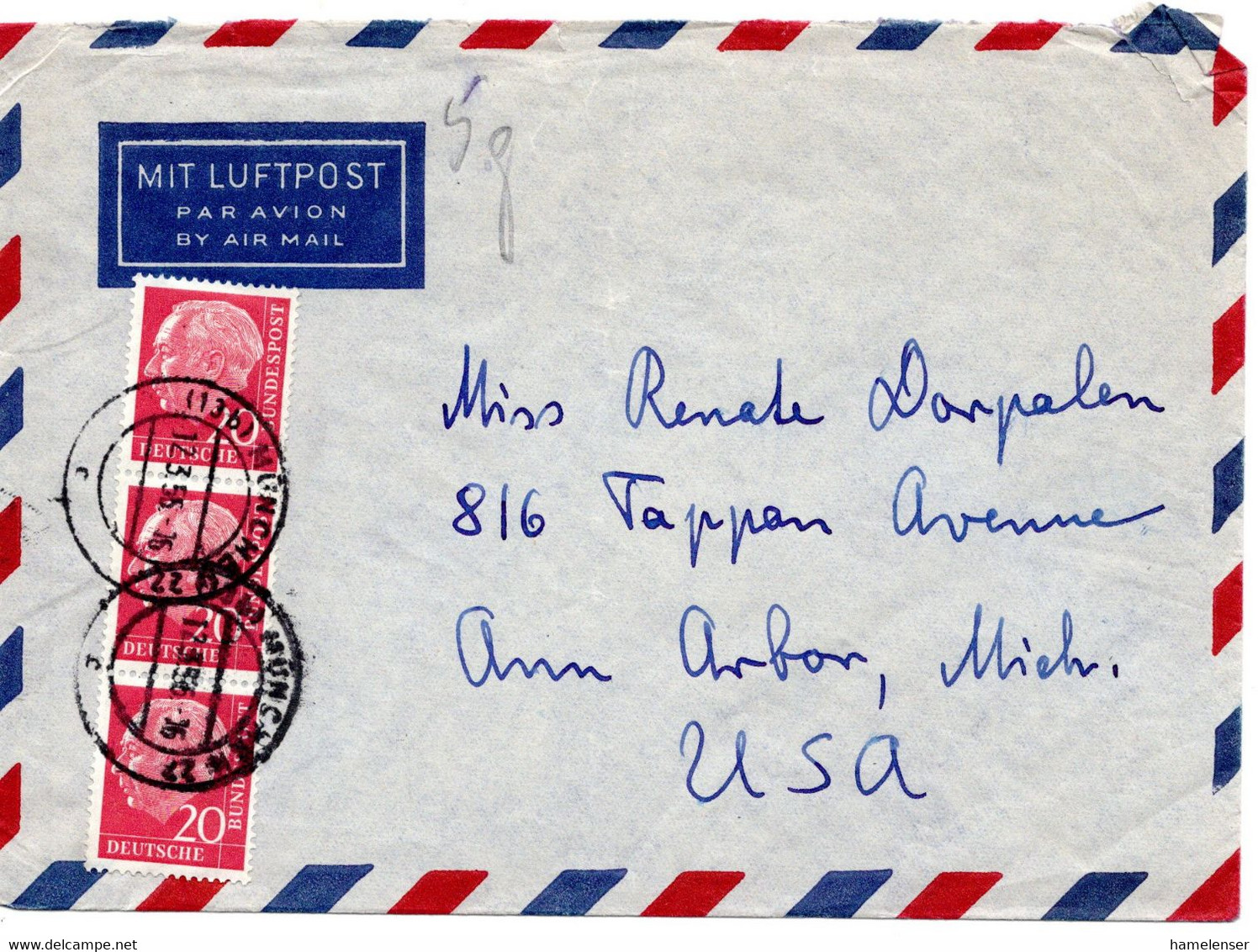 56803 - Bund - 1956 - 3@20Pfg. Heuss I A LpBf MUENCHEN -> Ann Arbor, MI (USA) - Lettres & Documents