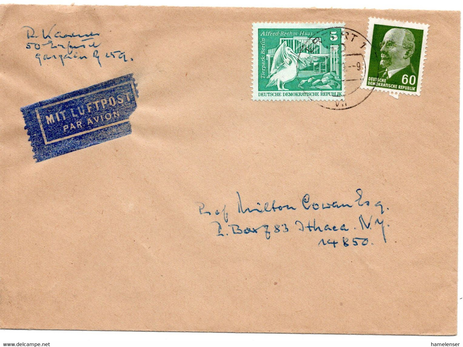 56806 - DDR - 1973 - 60Pfg. Ulbricht MiF A LpBf ERFURT -> Ithaca, NY (USA) - Storia Postale