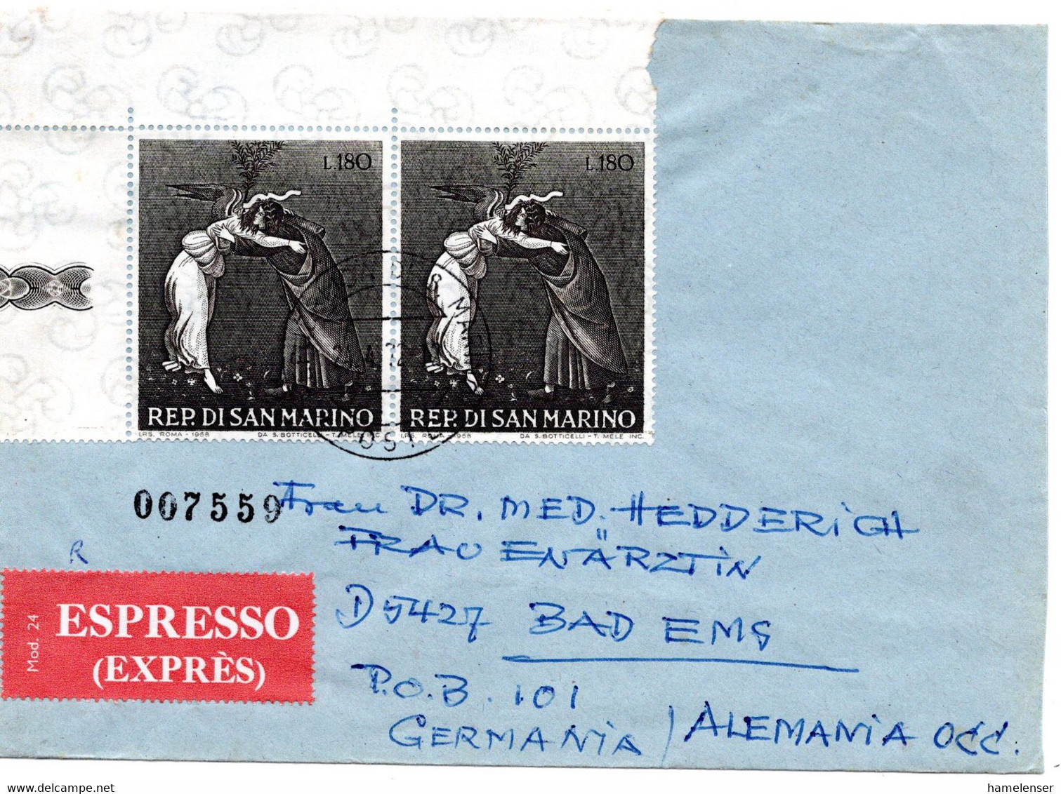 56807 - San Marino - 1972 - 2@180L Weihnachten '68 A EilBf SAN MARINO -> BAD EMS (Westdeutschland) - Covers & Documents