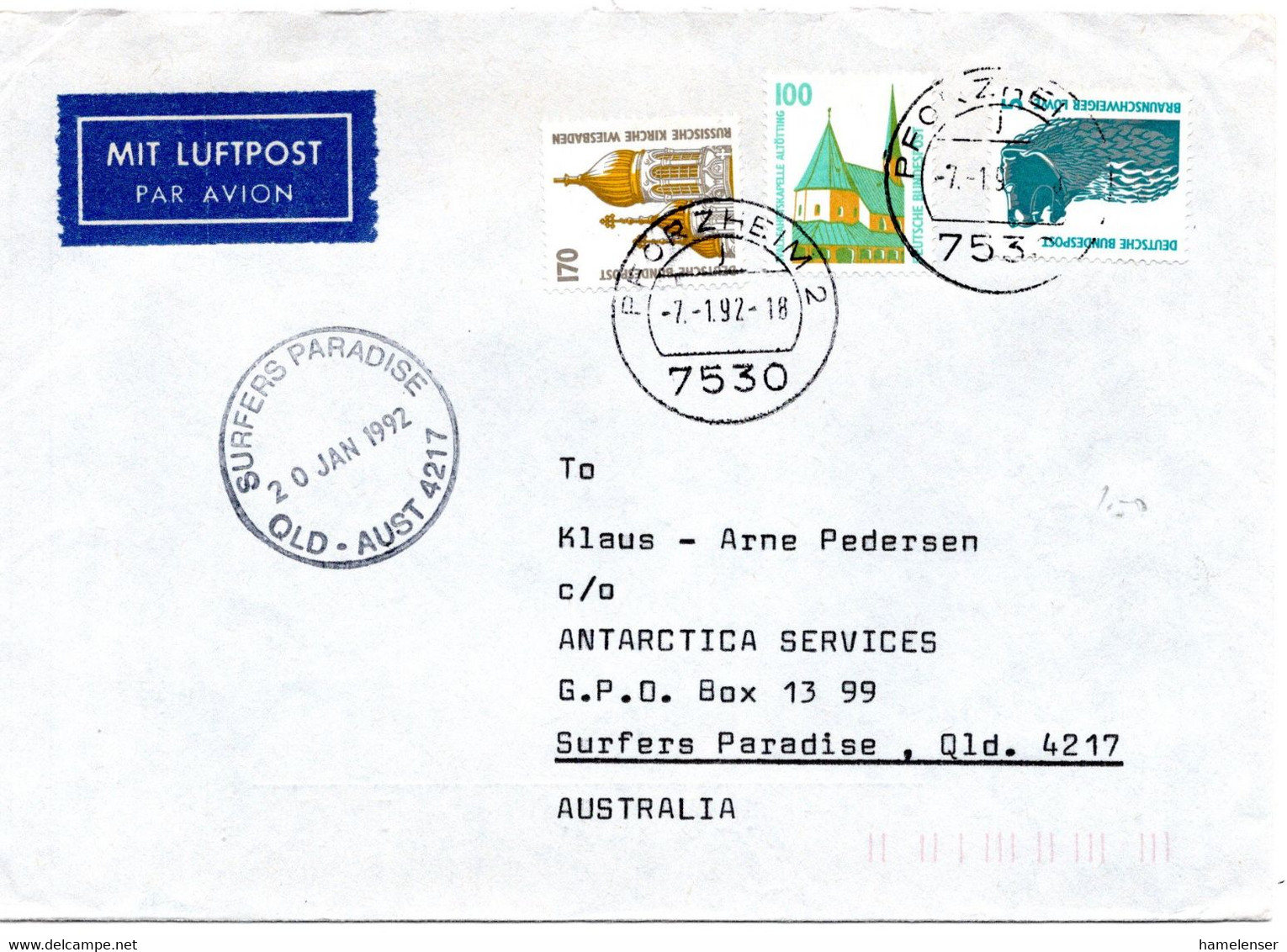 56814 - Bund - 1992 - 170Pfg SWK MiF A LpBf PFORZHEIM -> SURFERS PARADISE QLD (Australien) - Briefe U. Dokumente