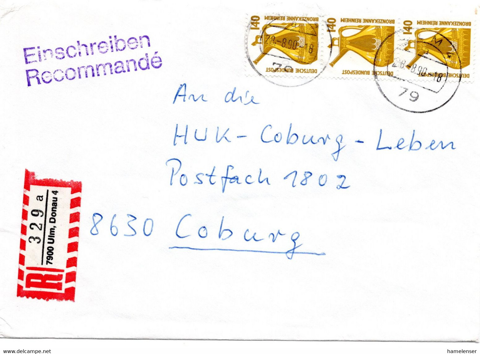 56816 - Bund - 1990 - 3@140Pfg. SWK A R-Bf ULM -> Coburg - Storia Postale