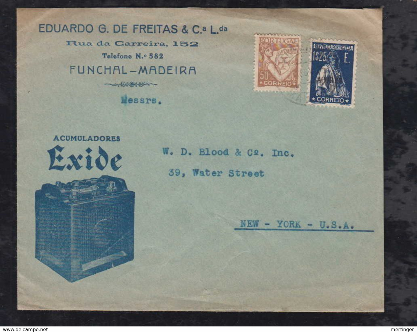 Portugal FUNCHAL 1935 Advertising Cover NEW YORK USA EXIDE Battery - Funchal