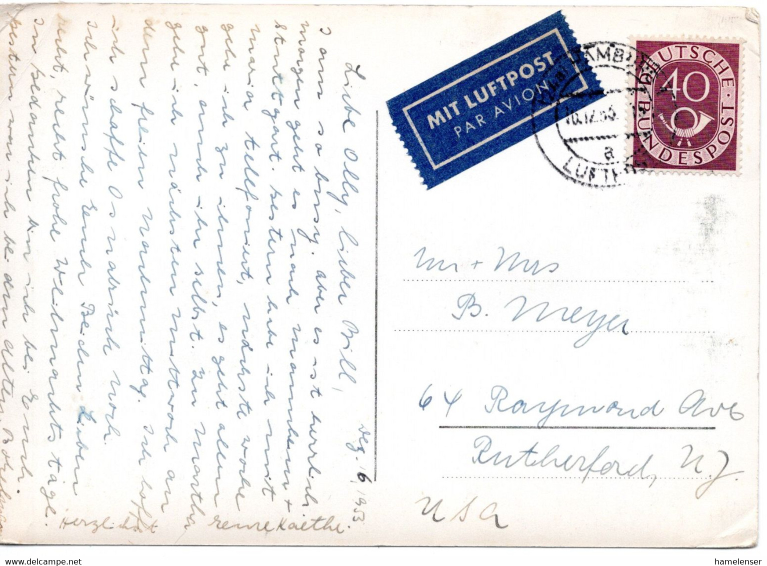 56826 - Bund - 1953 - 40Pfg. Posthorn EF A LpAnsKte HAMBURG LUFTPOST -> Rutherford, NJ (USA) - Storia Postale