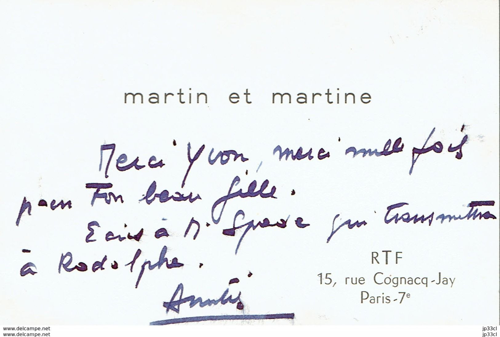 Henri Spade, Rodolphe, Martin Et Martine (carte De Remerciements De La RTF, 15, Rue Cognacq-Jay, 1955) - Tarjetas De Visita