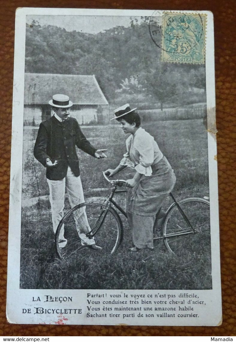 CARTE POSTALE ANCIENNE LA LECON DE BICYCLETTE LOT DE 5 CARTES OBLITEREES 1920??