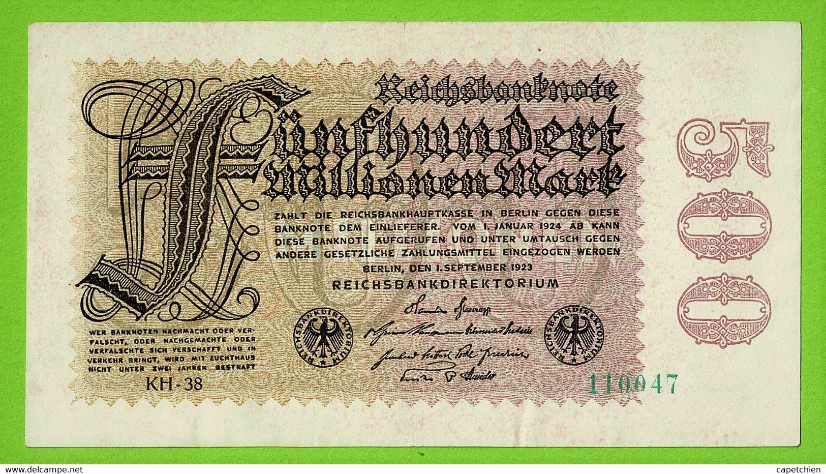 ALLEMAGNE / 500 MILLIONEN MARK / REICHSBANKNOTE /01- 09 - 1923 :/ KH - 38 / 110017  /  Ros.109 - 500 Millionen Mark