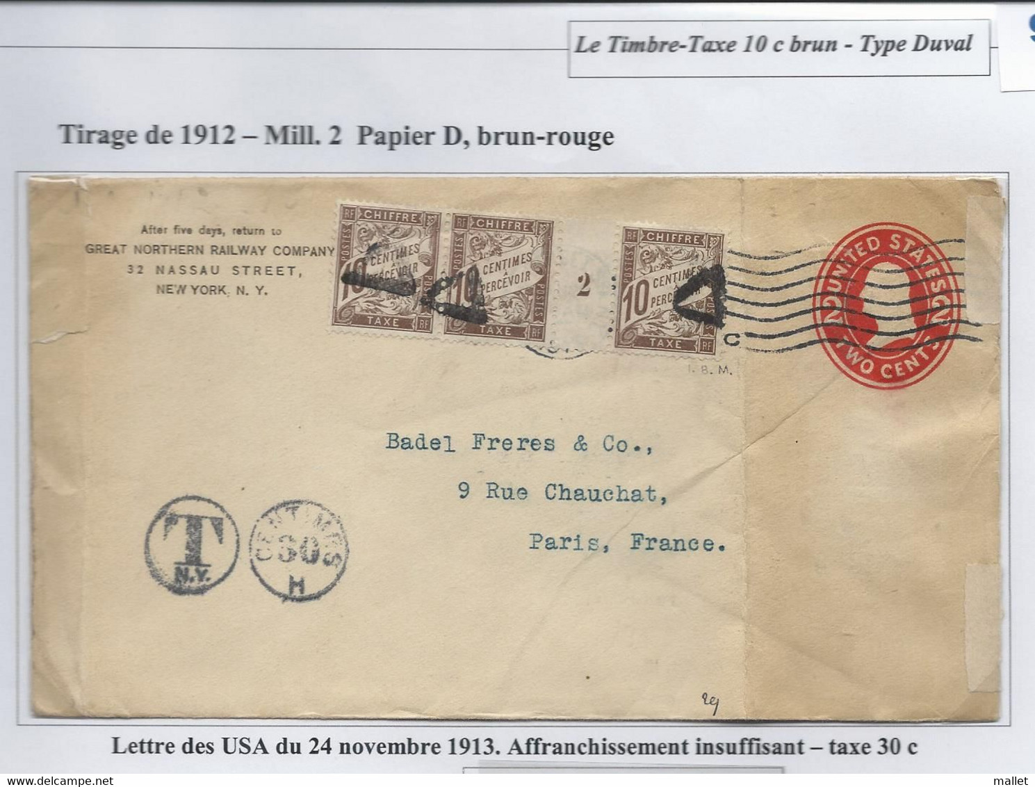 Lettre Des USA (1913) Taxée à 30 Cts Avec Taxe 10 Cts Millésime 2 (tirage De 1912), Papier D Brun Rouge - 1859-1959 Brieven & Documenten