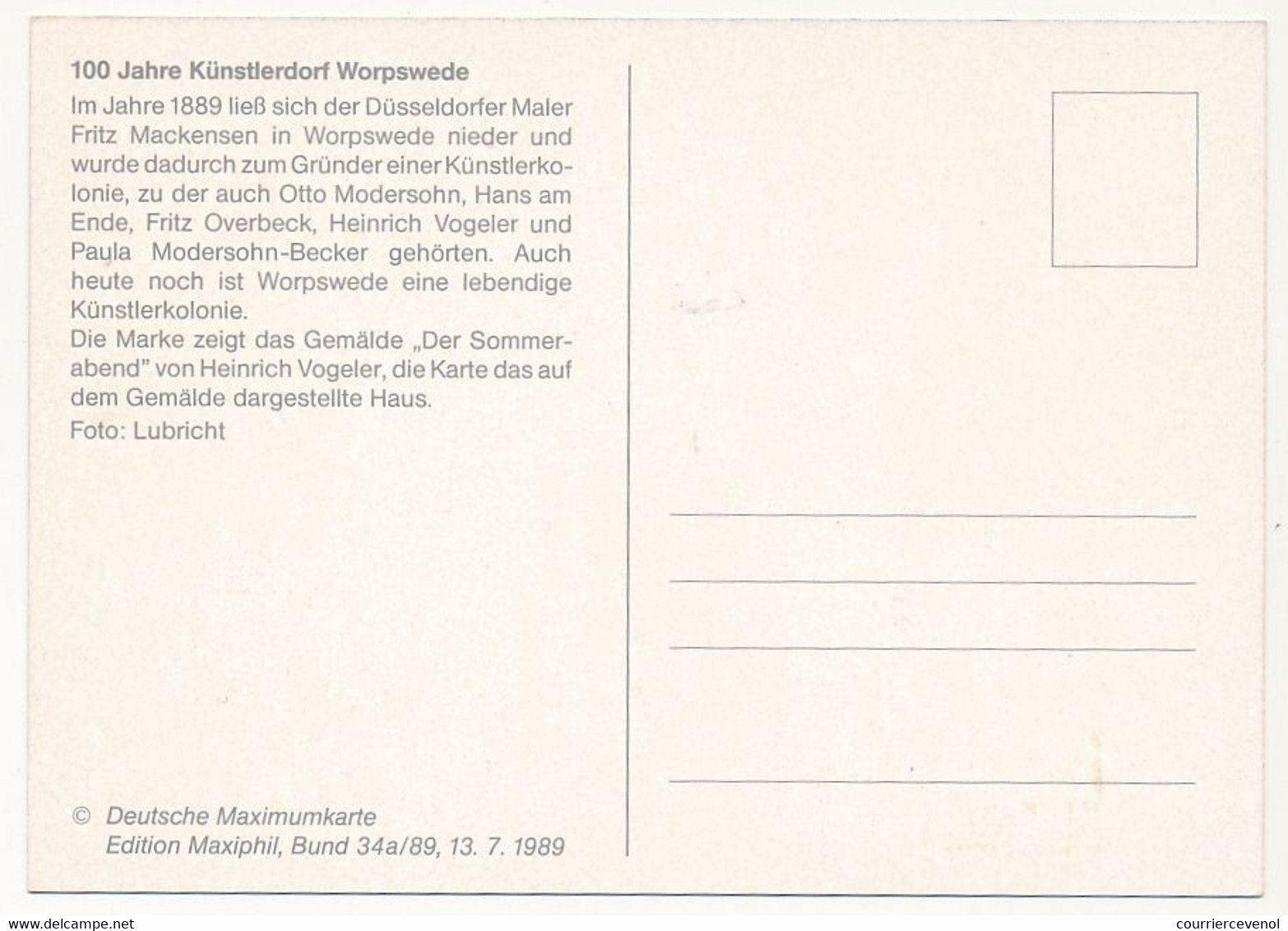 ALLEMAGNE - Carte Maximum - 100eme Anniv. Künstlerdorf Worpswede (Colonie Des Artistes) 13/7/1989 - Sonstige & Ohne Zuordnung