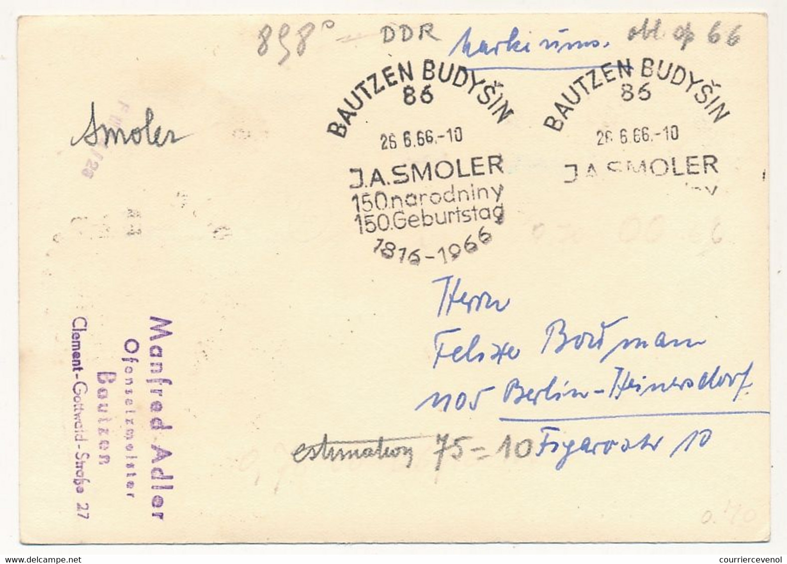 ALLEMAGNE EST - Carte Maximum - J.A. Smoler - 25/6/1966 - Maximumkarten (MC)