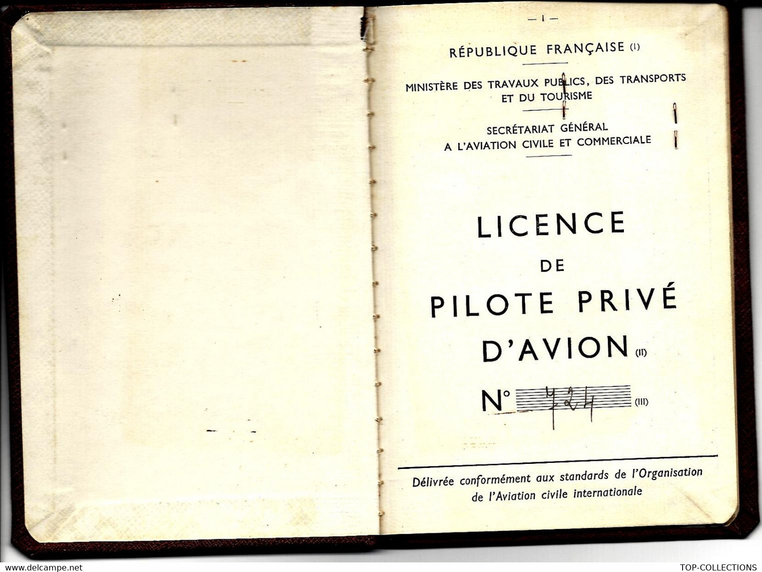 AVIATION CARNET LICENCE PILOTE PRIVE AVION REPUBLIQUE FRANCAISE 1955 AVEC PHOTO COMPLET V.DESCRIPTION ET SCANS - Sammlungen