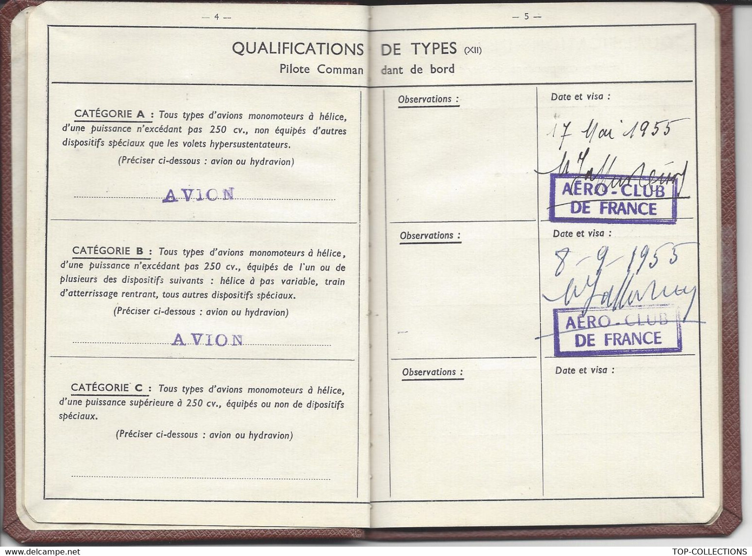 AVIATION CARNET LICENCE PILOTE PRIVE AVION REPUBLIQUE FRANCAISE 1955 AVEC PHOTO COMPLET V.DESCRIPTION ET SCANS - Sammlungen