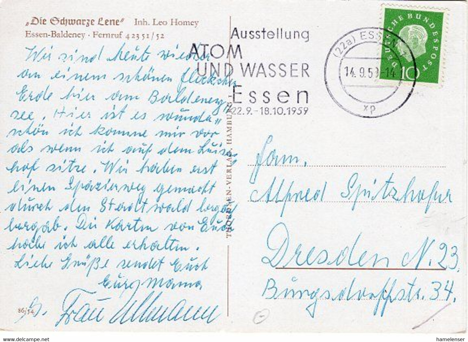 51033 - Bund - 1959 - 10Pfg. Heuss III EF A AnsKte ESSEN - AUSSTELLUNG ATOM UND WASSER ... -> DDR - Atomo